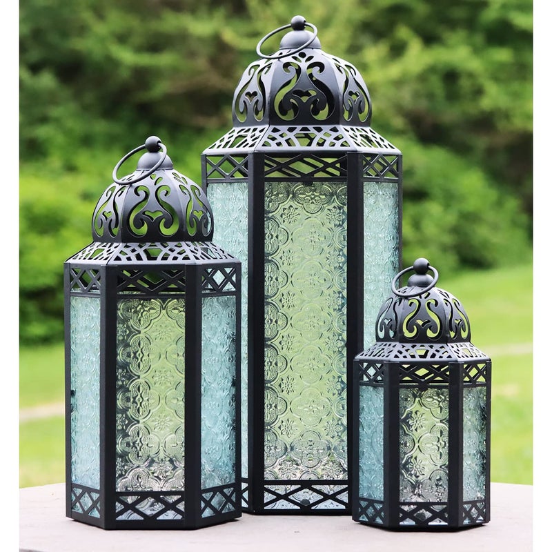 Vela Lanterns فوانيس فيلا المغربية مجموعة ديكورية من 3 لفرش الأرض، زينة رمضان، ديكور داخلي للمنزل، فناء خارجي أو شرفة، حفلات الزفاف، شفاف - Image 1